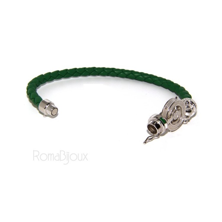 RMB|SILVER 925: big man leather bracelet with rudder and serigraphs made in italy green