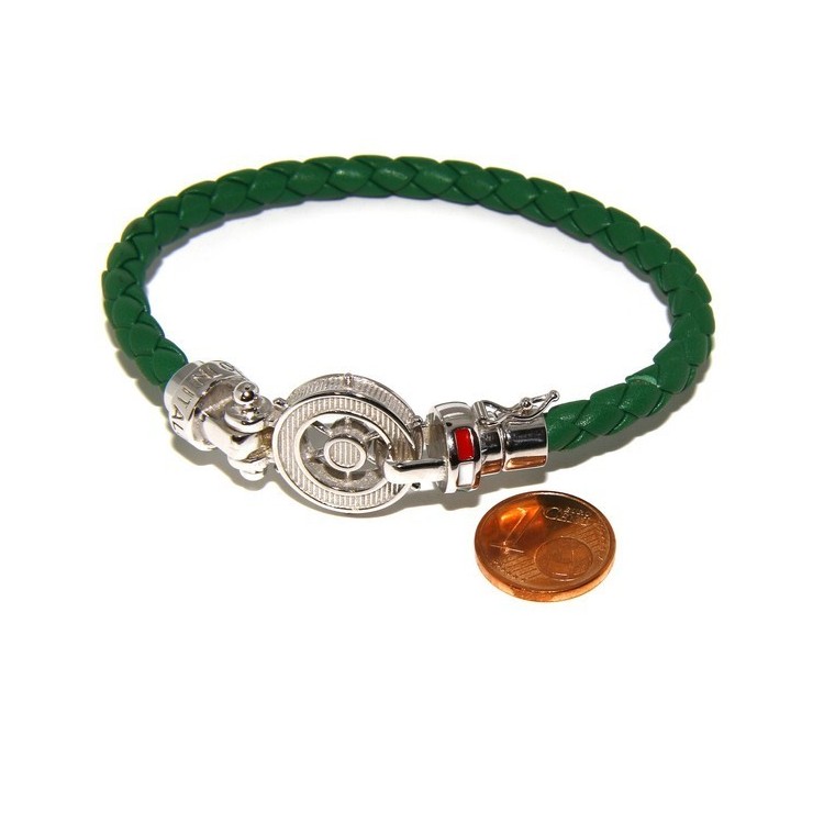 RMB|SILVER 925: big man leather bracelet with rudder and serigraphs made in italy green