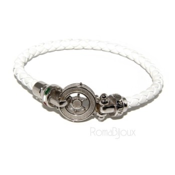 RMB|ARGENTO 925 : Bracciale uomo massiccio pelle con timone e serigrafie made in italy bianco 18,00 cm