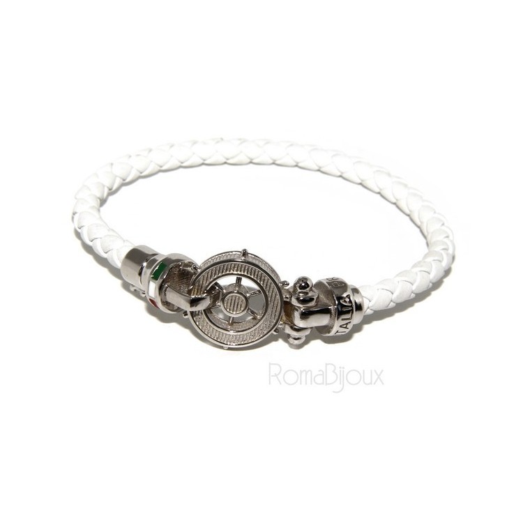 RMB|SILVER 925: big man leather bracelet with rudder and serigraphs made in italy white