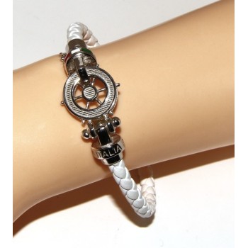 RMB|ARGENTO 925 : Bracciale uomo massiccio pelle con timone e serigrafie made in italy bianco 18,00 cm