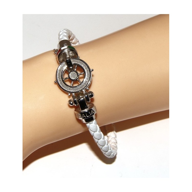 RMB|SILVER 925: big man leather bracelet with rudder and serigraphs made in italy white