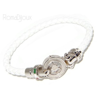 RMB|SILVER 925: big man leather bracelet with rudder and serigraphs made in italy white