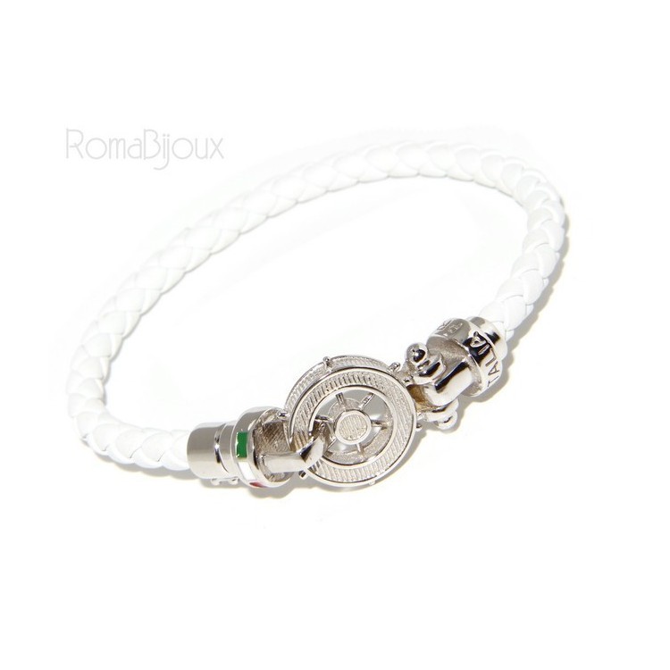 RMB|ARGENTO 925 : Bracciale uomo massiccio pelle con timone e serigrafie made in italy bianco 18,00 cm