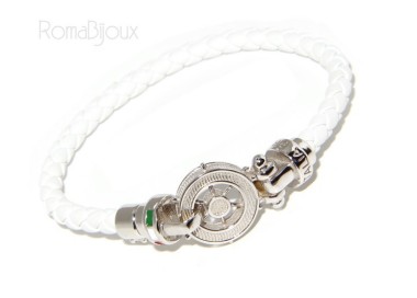 RMB|SILVER 925: big man leather bracelet with rudder and serigraphs made in italy white