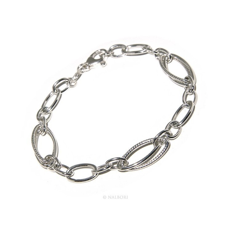 RMB|Bracciale donna in Argento 925 non rodiato, ovali brillantati e lisci 18,50 cm