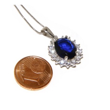 RMB|Parure 925 sterling silver pendant necklace earrings female big oval pave 'zirconia and sapphire blue light point