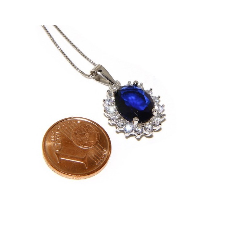 RMB|Parure argento 925 collana ciondolo orecchini donna big oval pave' zirconi e punto luce blu sapphire