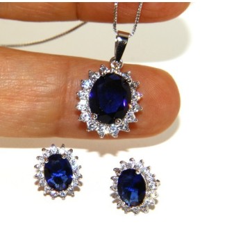 RMB|Parure argento 925 collana ciondolo orecchini donna big oval pave' zirconi e punto luce blu sapphire