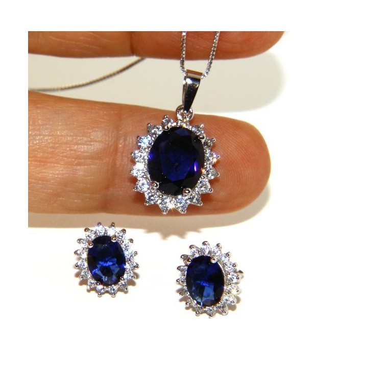 RMB|Parure argento 925 collana ciondolo orecchini donna big oval pave' zirconi e punto luce blu sapphire