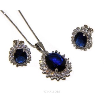 RMB|Parure 925 sterling silver pendant necklace earrings female big oval pave 'zirconia and sapphire blue light point