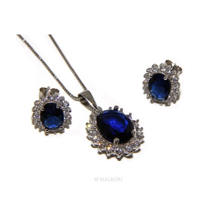 RMB|Parure 925 sterling silver pendant necklace earrings female big oval pave 'zirconia and sapphire blue light point