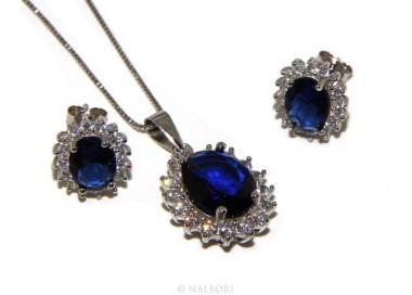 RMB|Parure 925 sterling silver pendant necklace earrings female big oval pave 'zirconia and sapphire blue light point