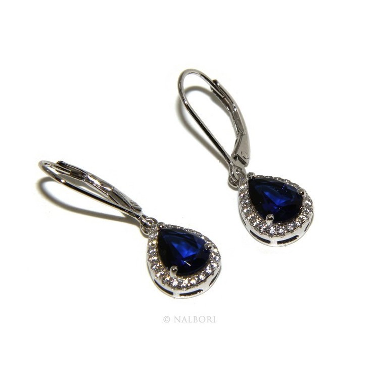RMB|925: earrings woman light point white and blue zircon sapphire, teardrop shape and fishhook security.
