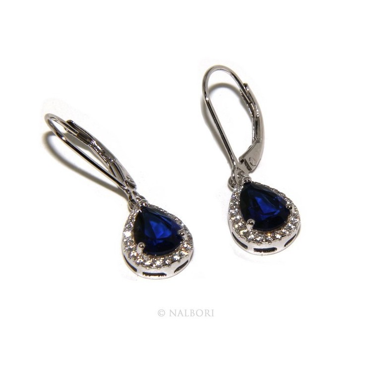 RMB|925: earrings woman light point white and blue zircon sapphire, teardrop shape and fishhook security.