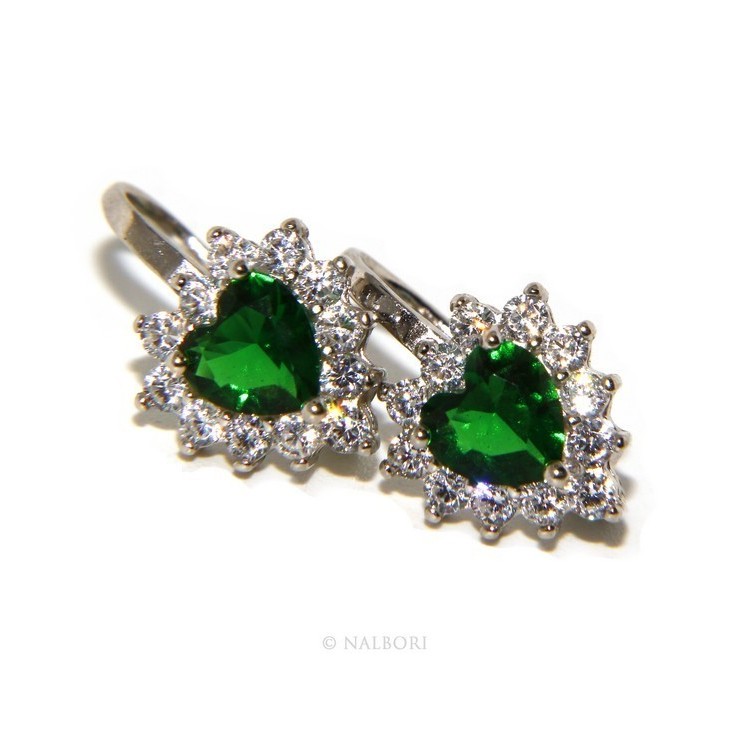 RMB|925: earrings woman point light emerald green zircon white heart nun Safety