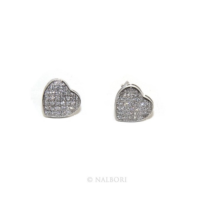 RMB|Argento 925 : coppia di orecchini 9 mm uomo donna bottone cuore pavè zirconi mircosetting