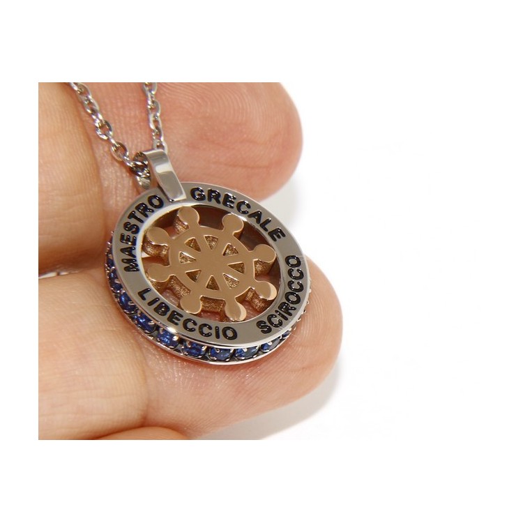 RMB|Steel: forzatina helm pendant necklace with round and twenty zircon gold blue
