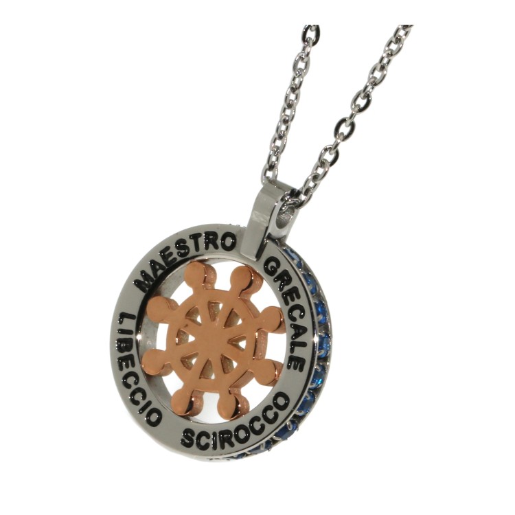 RMB|collana acciaio ciondolo timone rosa dei venti oro zirconi blu uomo