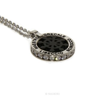 RMB|Acciaio : collana forzatina con pendente tondo timone e venti nero zirconi fumè