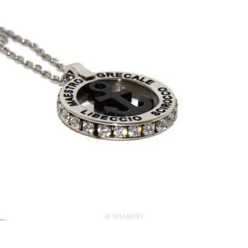 RMB|Acciaio : collana forzatina con pendente tondo ANCORA e venti nero zirconi bianchi