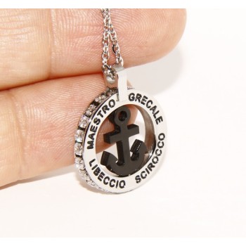 RMB|Acciaio : collana forzatina con pendente tondo ANCORA e venti nero zirconi bianchi