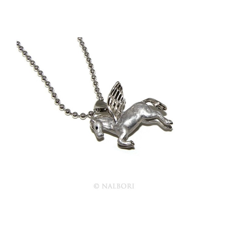 RMB|ARGENTO 925 : lunga collana palline 3 mm pendente pegaso cavallo alato 3D smaltato