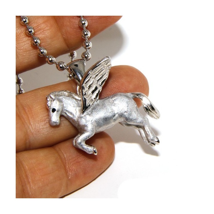RMB|SILVER 925: 3 mm balls long necklace pendant Pegasus winged horse 3D enamelled