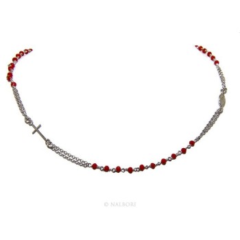 RMB|Collana Rosario uomo Argento 925 Con cristallo rosso croce e madonna miracolosa 45+5 cm