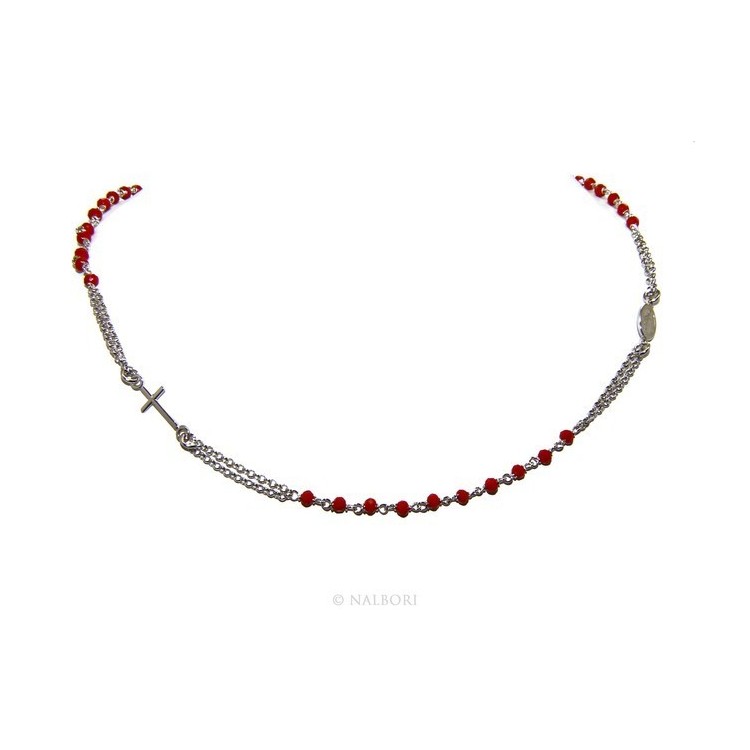 RMB|Collana Rosario uomo Argento 925 Con cristallo rosso croce e madonna miracolosa 45+5 cm
