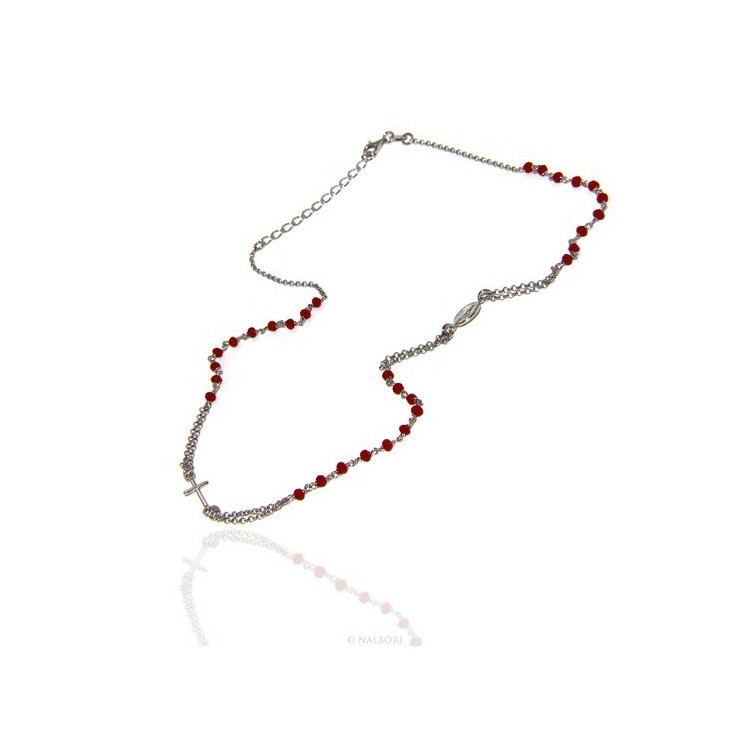 RMB|Collana Rosario uomo Argento 925 Con cristallo rosso croce e madonna miracolosa 45+5 cm