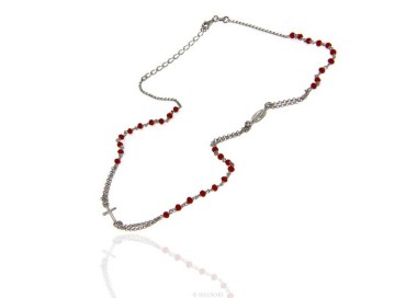 RMB|Collana Rosario uomo Argento 925 Con cristallo rosso croce e madonna miracolosa 45+5 cm
