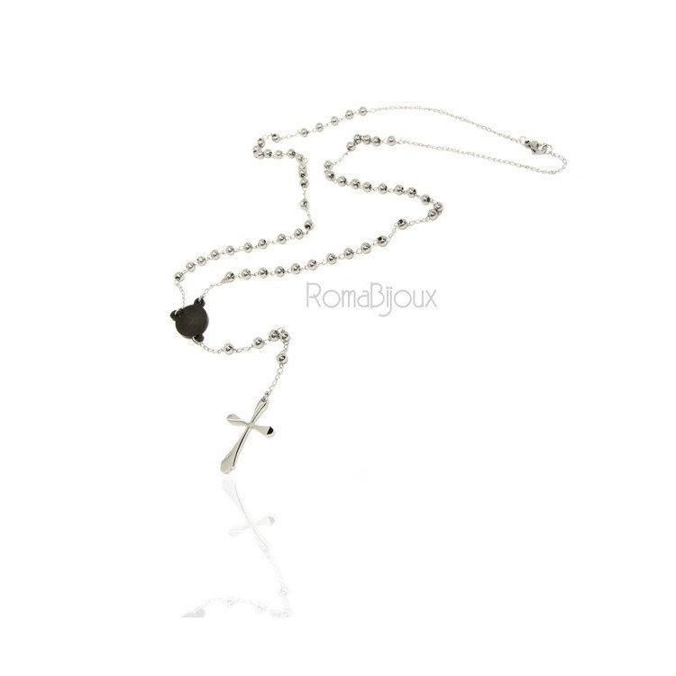 RMB|Steel: Necklace man woman rosary black dots cruise and smooth cross lobata