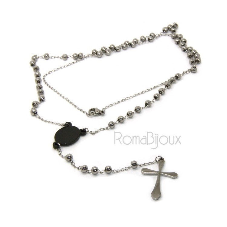 RMB|Acciaio : Collana uomo donna rosario pallini crociera nera e croce lobata liscia