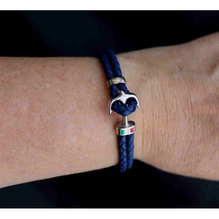 RMB|bracciale uomo argento 925 pelle con ancora marina rosso blu nero nalbori