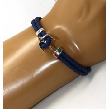 RMB|ARGENTO 925 : Bracciale uomo massiccio pelle con ancora made in Italy - BLU