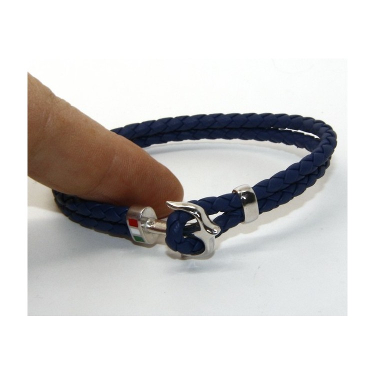 RMB|ARGENTO 925 : Bracciale uomo massiccio pelle con ancora made in Italy - BLU