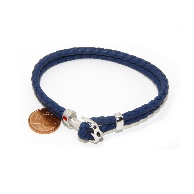 RMB|ARGENTO 925 : Bracciale uomo massiccio pelle con ancora made in Italy - BLU