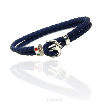 RMB|SILVER 925: massive leather bracelet man anchor made in Italy - BLUE