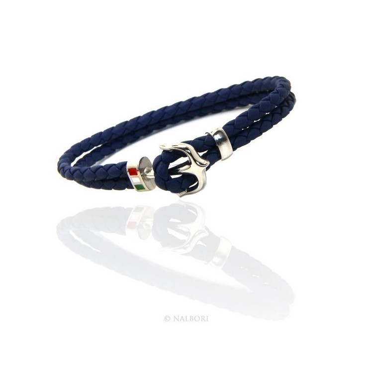 RMB|ARGENTO 925 : Bracciale uomo massiccio pelle con ancora made in Italy - BLU