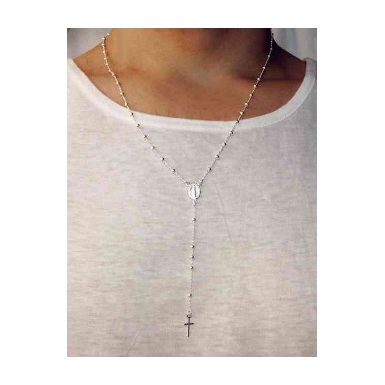 RMB|Rosary Necklace man or woman in 925 balls 3 mm clear smooth cross