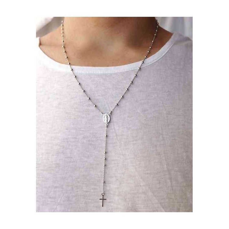 RMB|Rosary Necklace man or woman in 925 balls 3 mm Rosary Necklace man or woman in 925 balls 3 mm   cross wet white gold plating