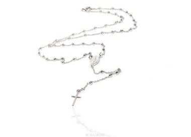 RMB|Collana rosario uomo o donna in Argento 925 palline 3 mm croce liscia galvanica oro bianco.