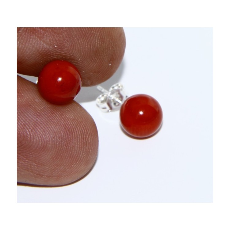 RMB|Earrings in 925 sterling silver pearl ball calibrated natural coral red 8mm