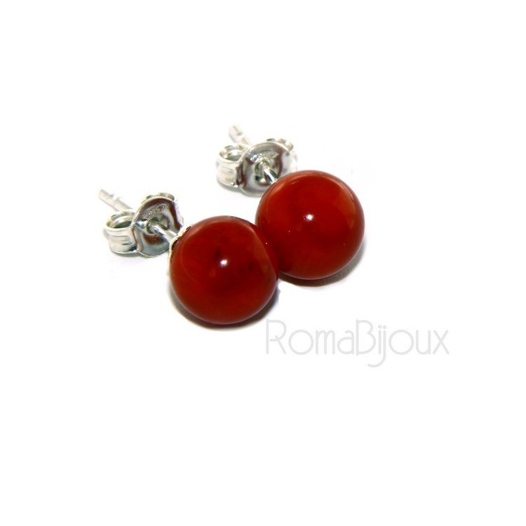 RMB|Earrings in 925 sterling silver pearl ball calibrated natural coral red 8mm