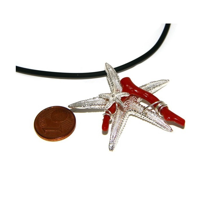 RMB|Ciondolo donna linea Capri in argento 925 con corallo naturale stella marina e laccio caucciu