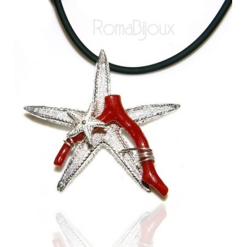 RMB|Ciondolo donna linea Capri in argento 925 con corallo naturale stella marina e laccio caucciu