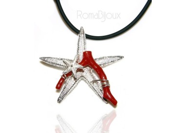 RMB|Ciondolo donna linea Capri in argento 925 con corallo naturale stella marina e laccio caucciu