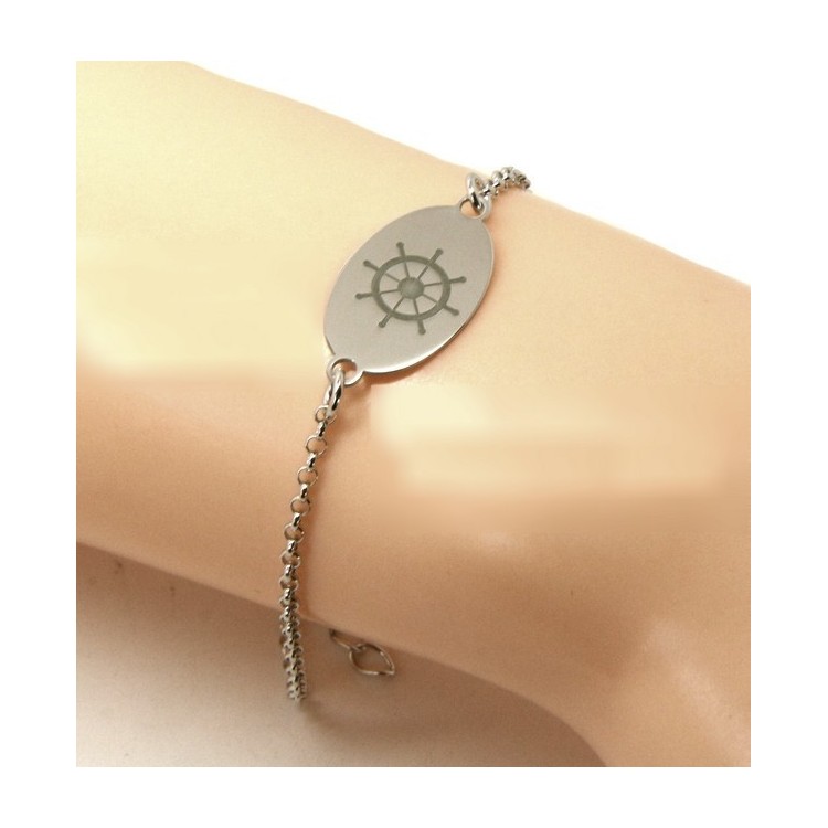 RMB|ARGENTO 925 bracciale rolo' uomo donna targa ovale incisione laser timone cm 16,00 - 18,50