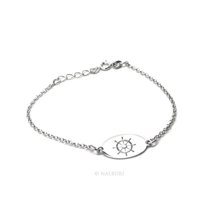 RMB|ARGENTO 925 bracciale rolo' uomo donna targa ovale incisione laser timone cm 16,00 - 18,50